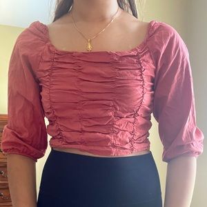 salmon pink long sleeve ruched crop top